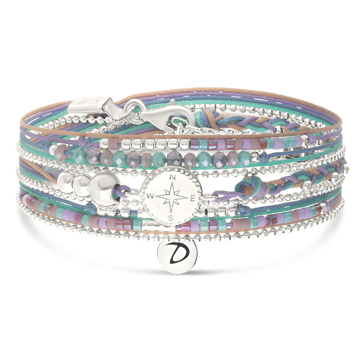 Bracelet 3 Tours Argent 925 Violet Turquoise Rose Des Vents