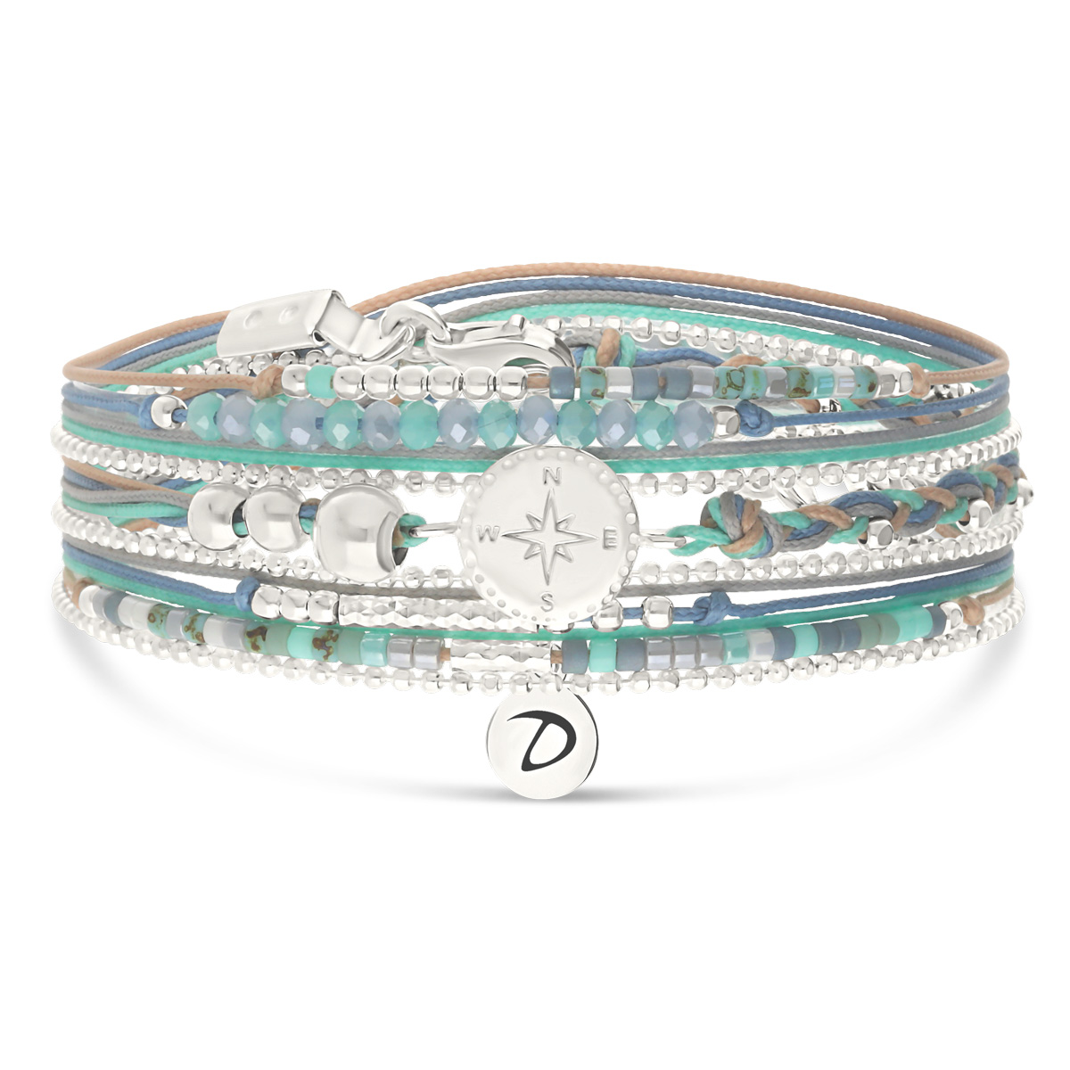 Bracelet 3 Tours Argent 925 Bleu Turquoise Rose Des Vents
