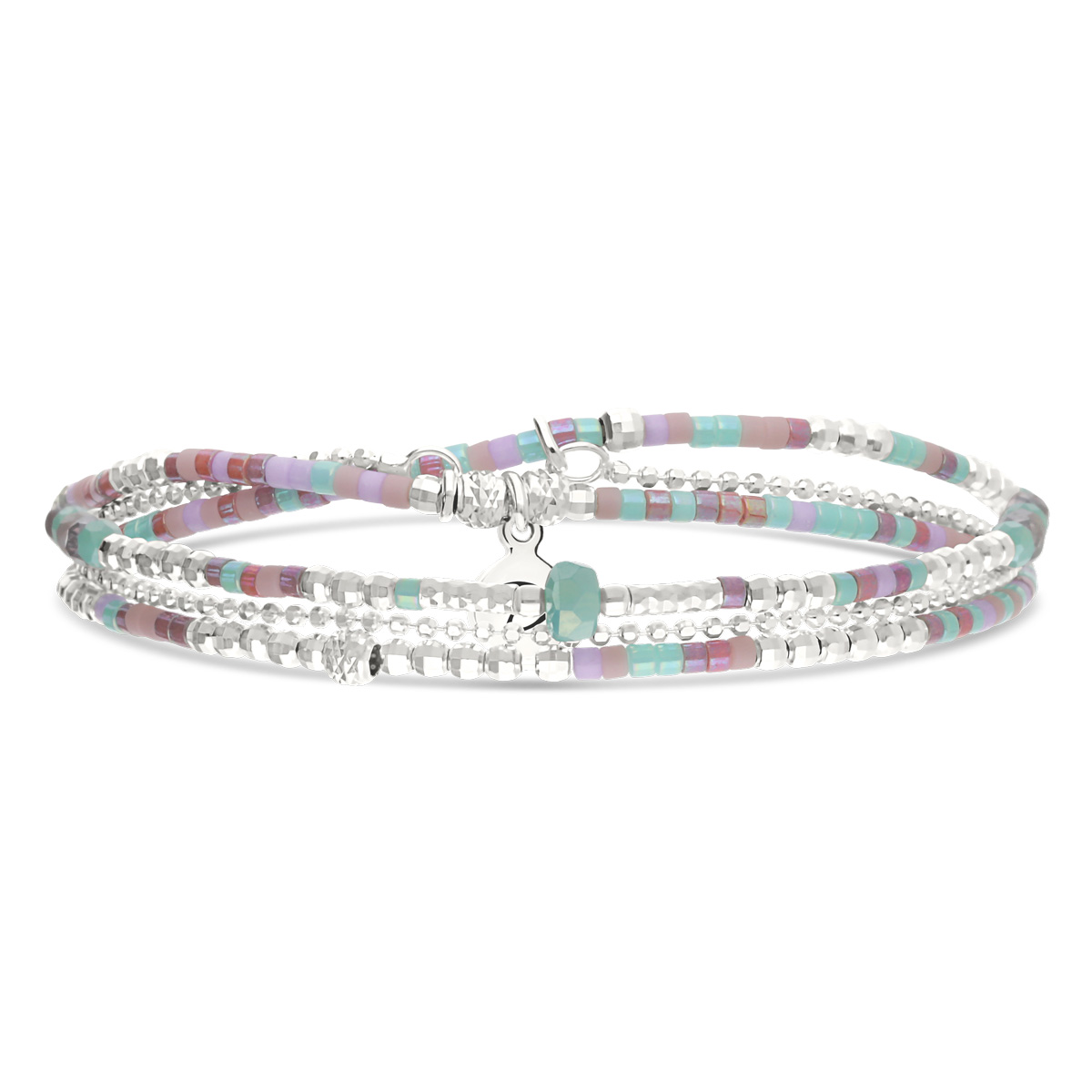 Bracelet Élastique 2 Tours Argent 925 Spring Violet Turquoise Chaîne Diamantée