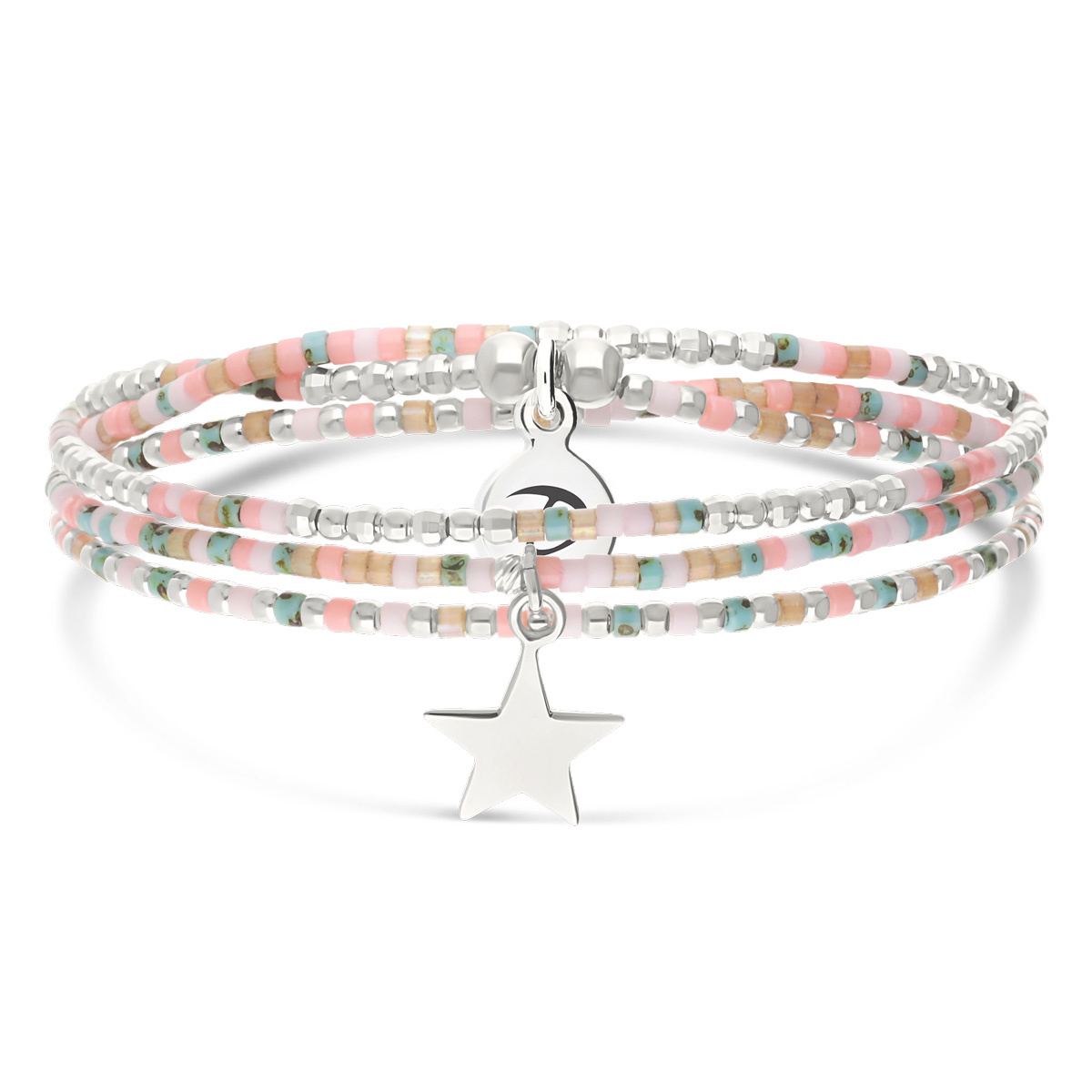 Bracelet Élastique 3 Tours Argent 925 Étoile Lisse Rose Turquoise Gravable