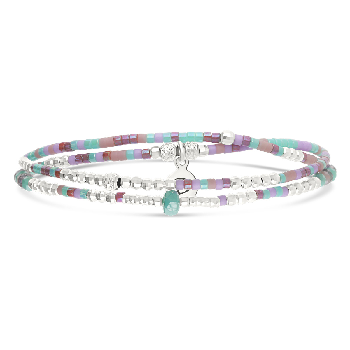Bracelet Élastique En Argent 925 2 Tours Violet Turquoise Spring
