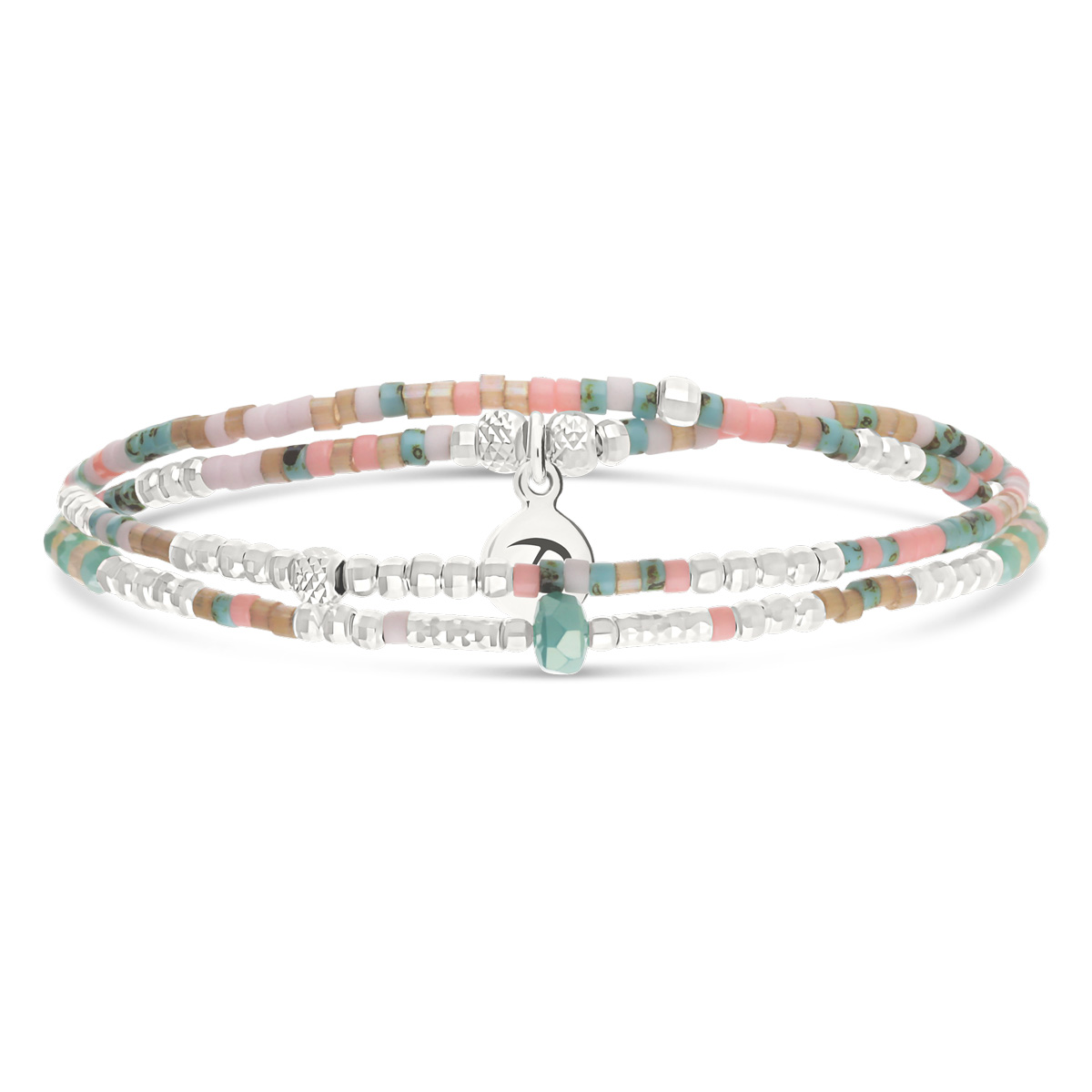 Bracelet Élastique En Argent 925 2 Tours Rose Turquoise Spring