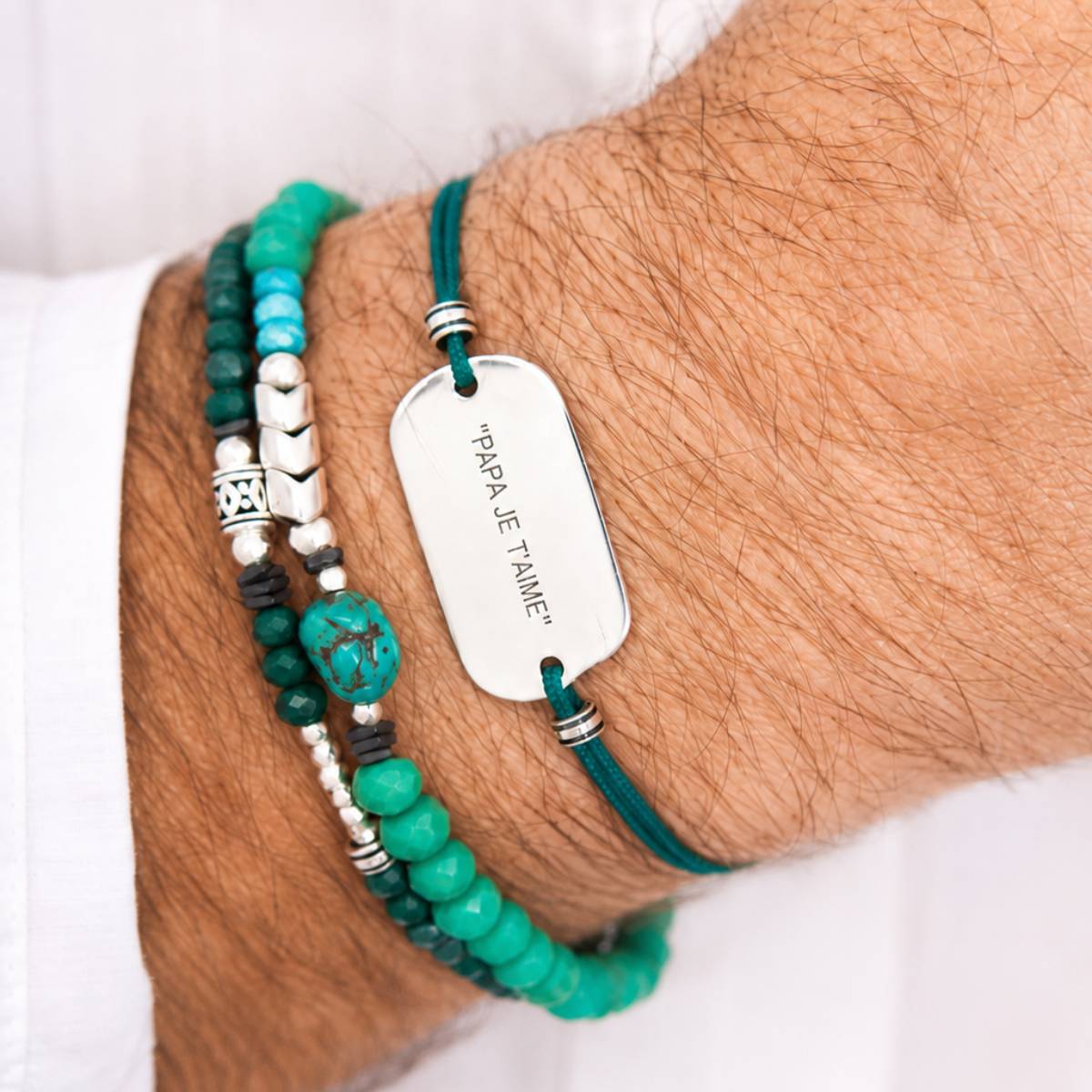 BRACELET MESSAGE HOMME  PAPA JE T\'AIME CORDON VERT BLEU