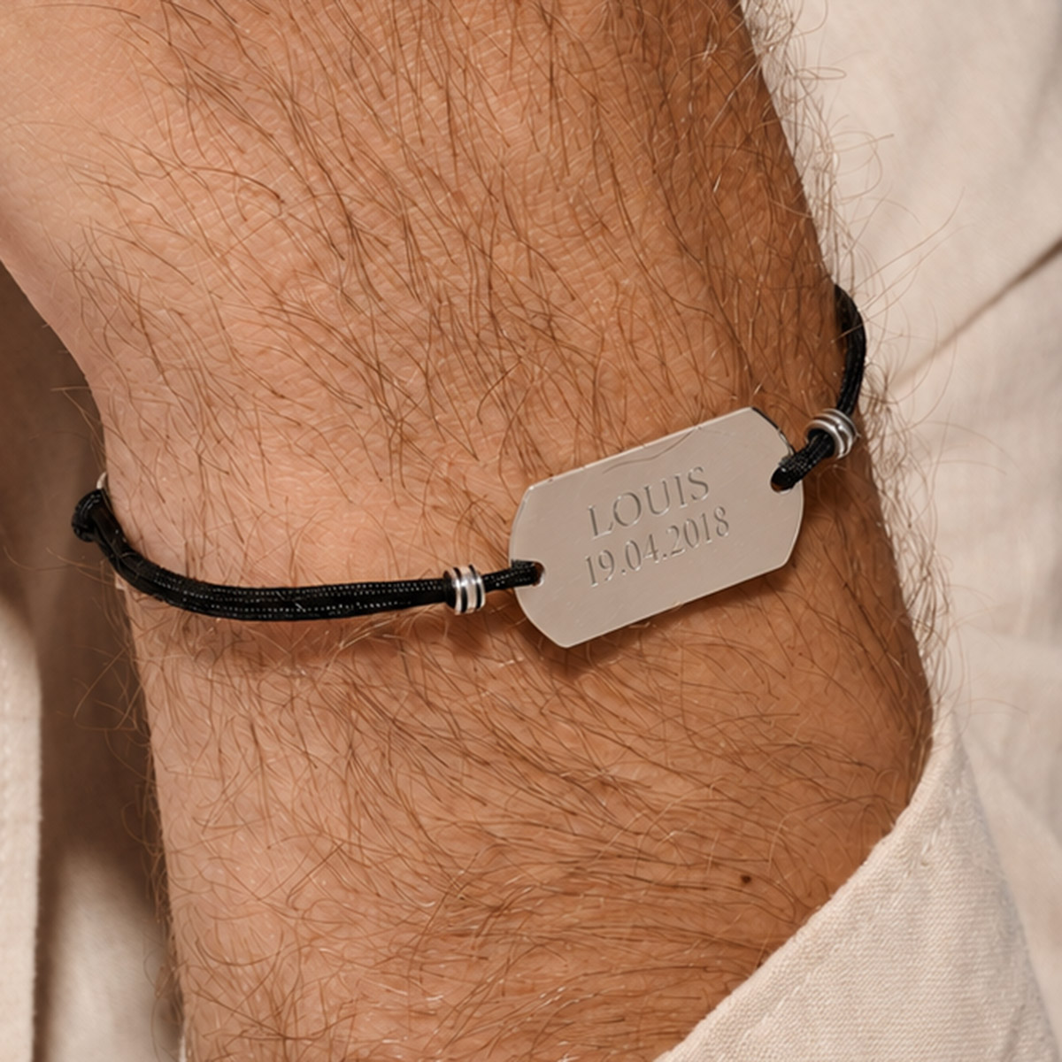 Bracelet Cordon Homme Plaque Argent À Graver Noir 28mm Argent 925