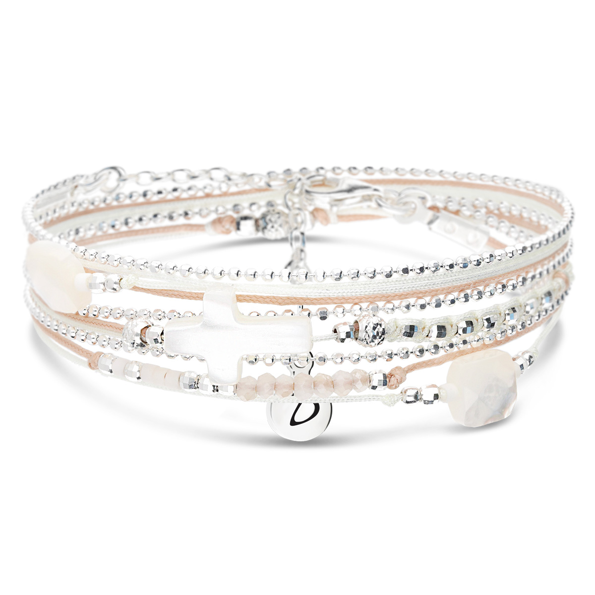 BRACELET VIRTUOSE BEIGE CRÈME CROIX ET PIERRES NACRES