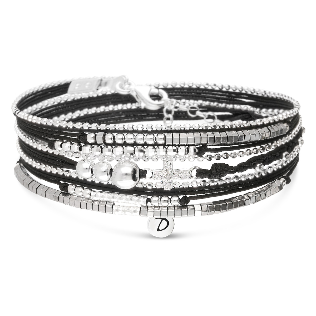 BRACELET NOIR CROIX OXYDE TRIPLE RANGS