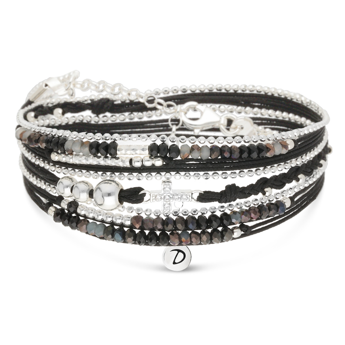 BRACELET NOIR BRILLANT CROIX OXYDE TRIPLE RANGS