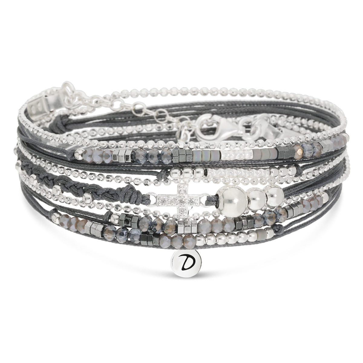 BRACELET CROIX OXYDE TRIPLE RANGS GRIS HÉMATITE
