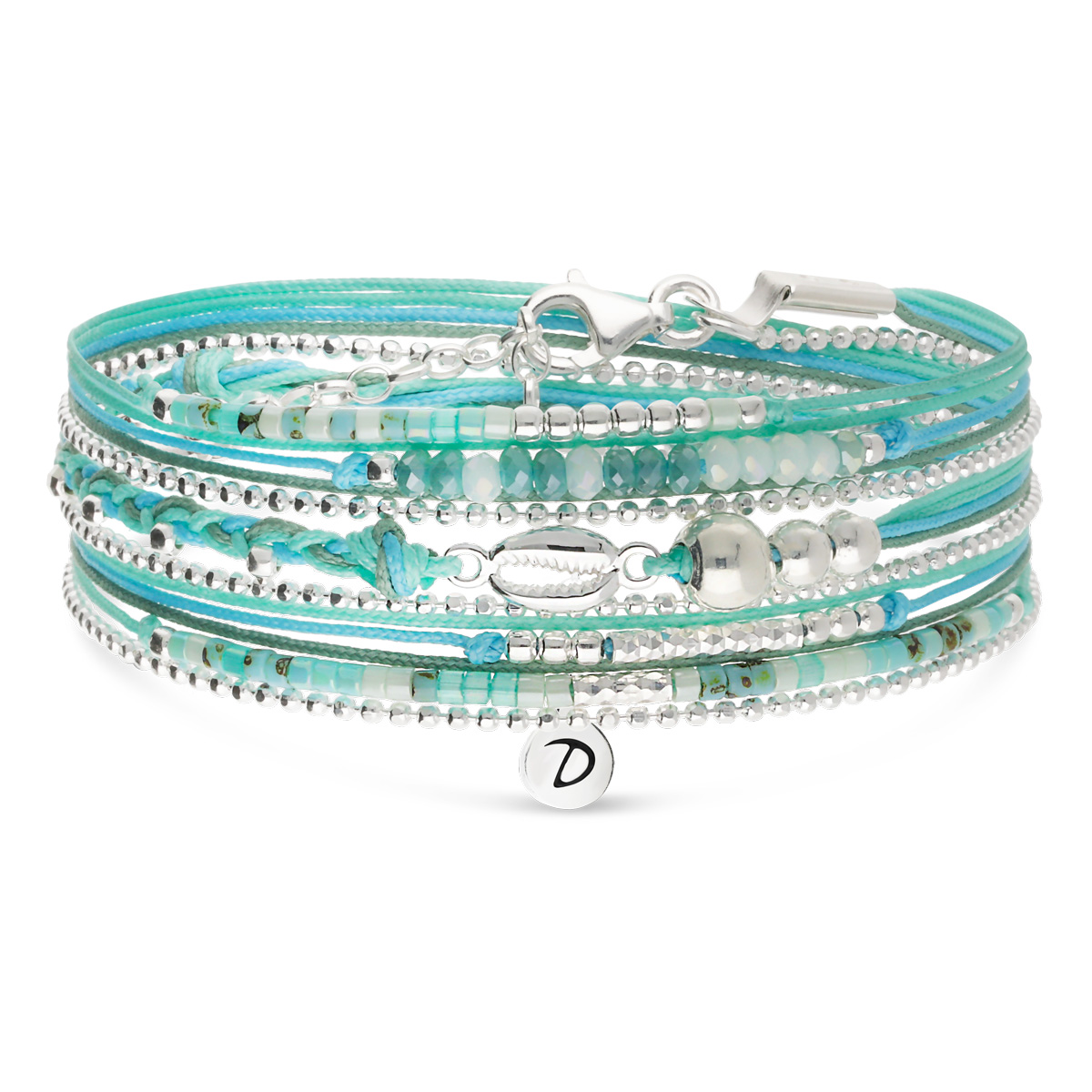 Bracelet 3 Tours Argent 925 Vert Turquoise Petit Cauris