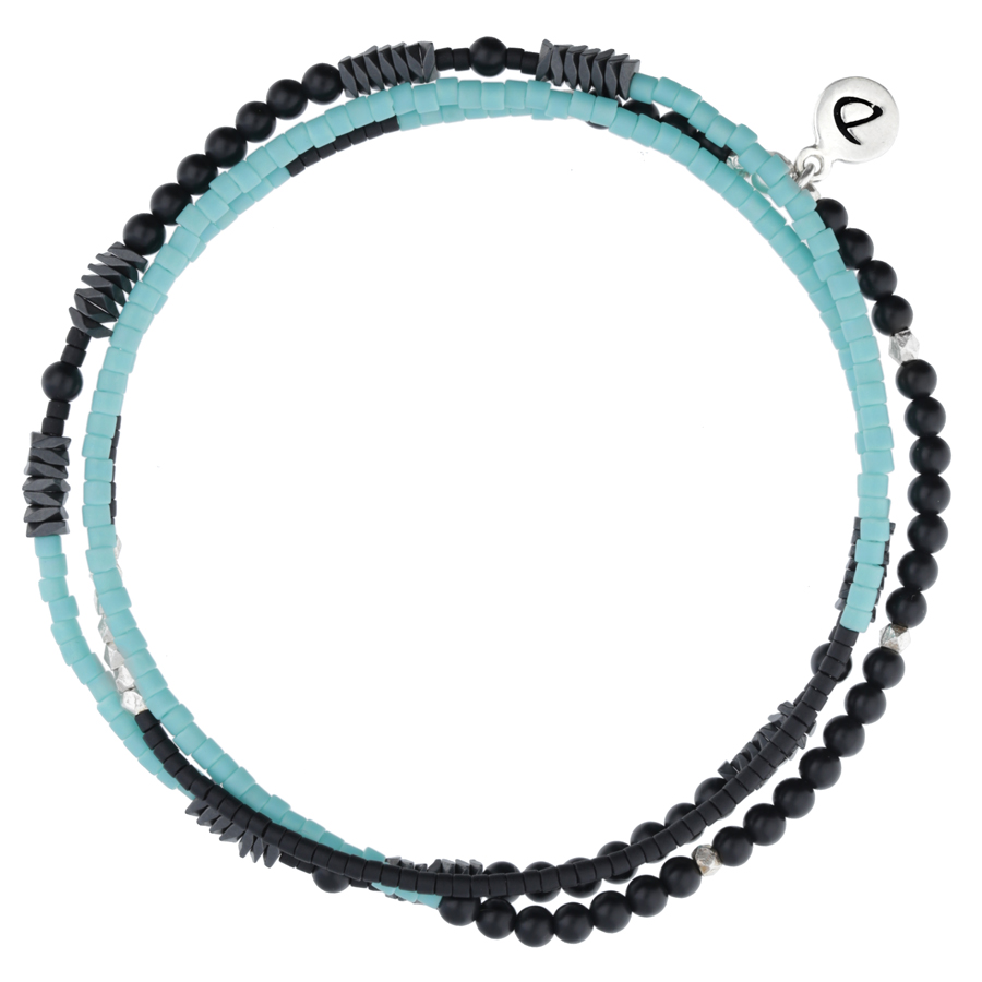 BRACELET HOMME ÉLASTIQUE TRIPLE TOURS NOIR ET TURQUOISE