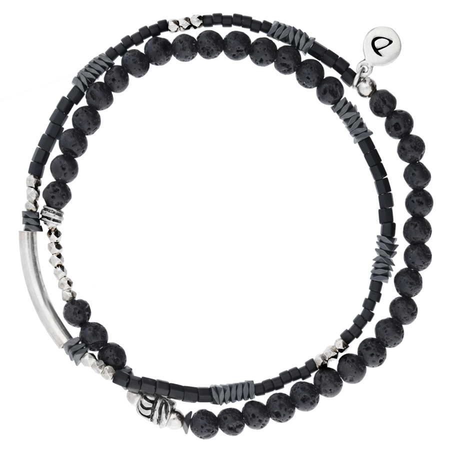 BRACELET HOMME ÉLASTIQUE TRIPLE RANGS PERLES DE LAVE NOIRES ET ARGENT  DORIANE Bijoux