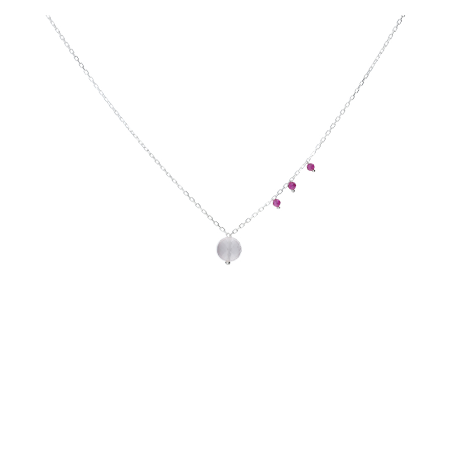 COLLIER CHAÎNE QUARTZ ROSE ET PETITES PIERRES RUBIS