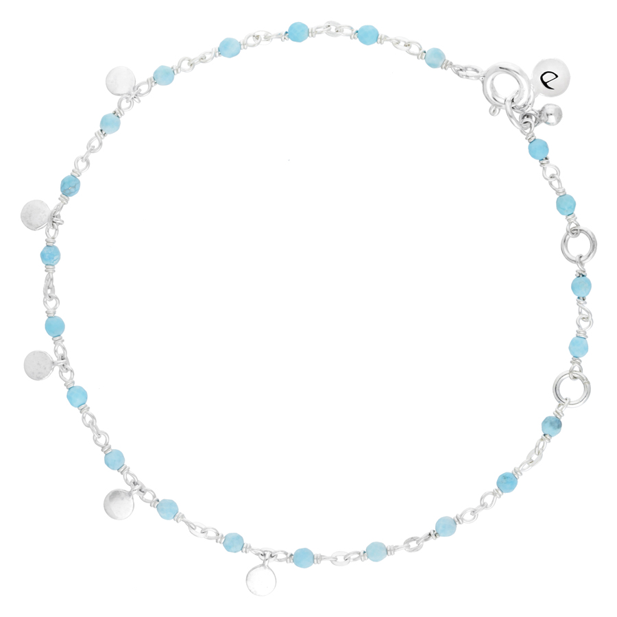 BRACELET CHAINE FINE PERLE TURQUOISE ET PETITES PASTILLES ARGENT