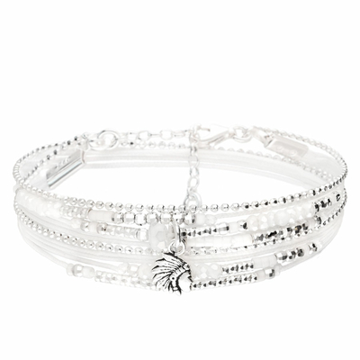 BR8270BLOP - bracelet multi-tours blanc pierre centrale blanche et pendentif indien ethnique