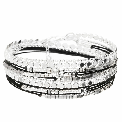 BR8271NOHG - bracelet multi-tours en argent 925, cordons noirs et maille ronde rock plate