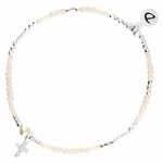 BR8640CRIVM - bracelet élastique beige et argent, perle centrale nacre, pendentif croix oxyde