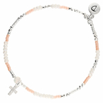BR8640OPRCM - bracelet élastique blanc et rose, pendentif croix oxyde