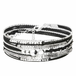 BR8265NOHG - bracelet multi-tours en argent 925, cordons noirs, pendentif pastille ronde