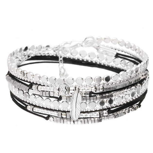 BR8272NOHG - bracelet multi-tours noir pendentif plume et maille rock
