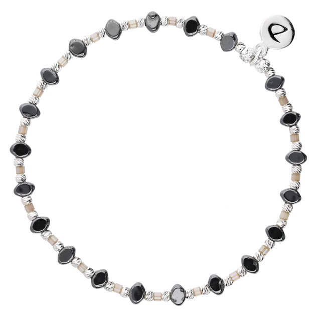 Bracelet Perles Vintage Années 70 - Argent Et Hématite - Bijou Fantaisie Occasion Très Bien