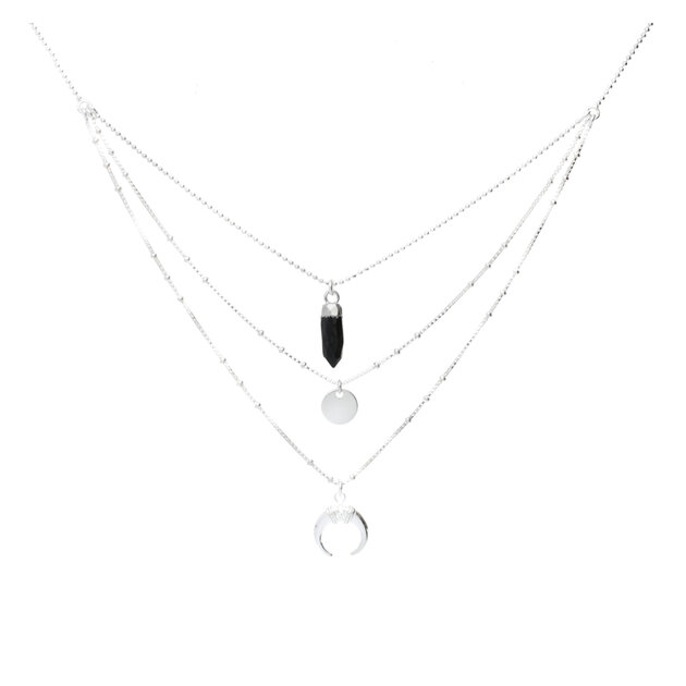 Collier Triple Rang Argenté Avec Cristal, Perle Et Onyx – Occasion – Marque RSVP