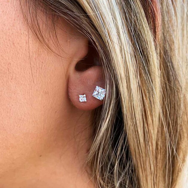 Boucles D'oreilles Puces Carré Améthyste Cz - Argent 925 - Femme - Neuves Avec étiquettes