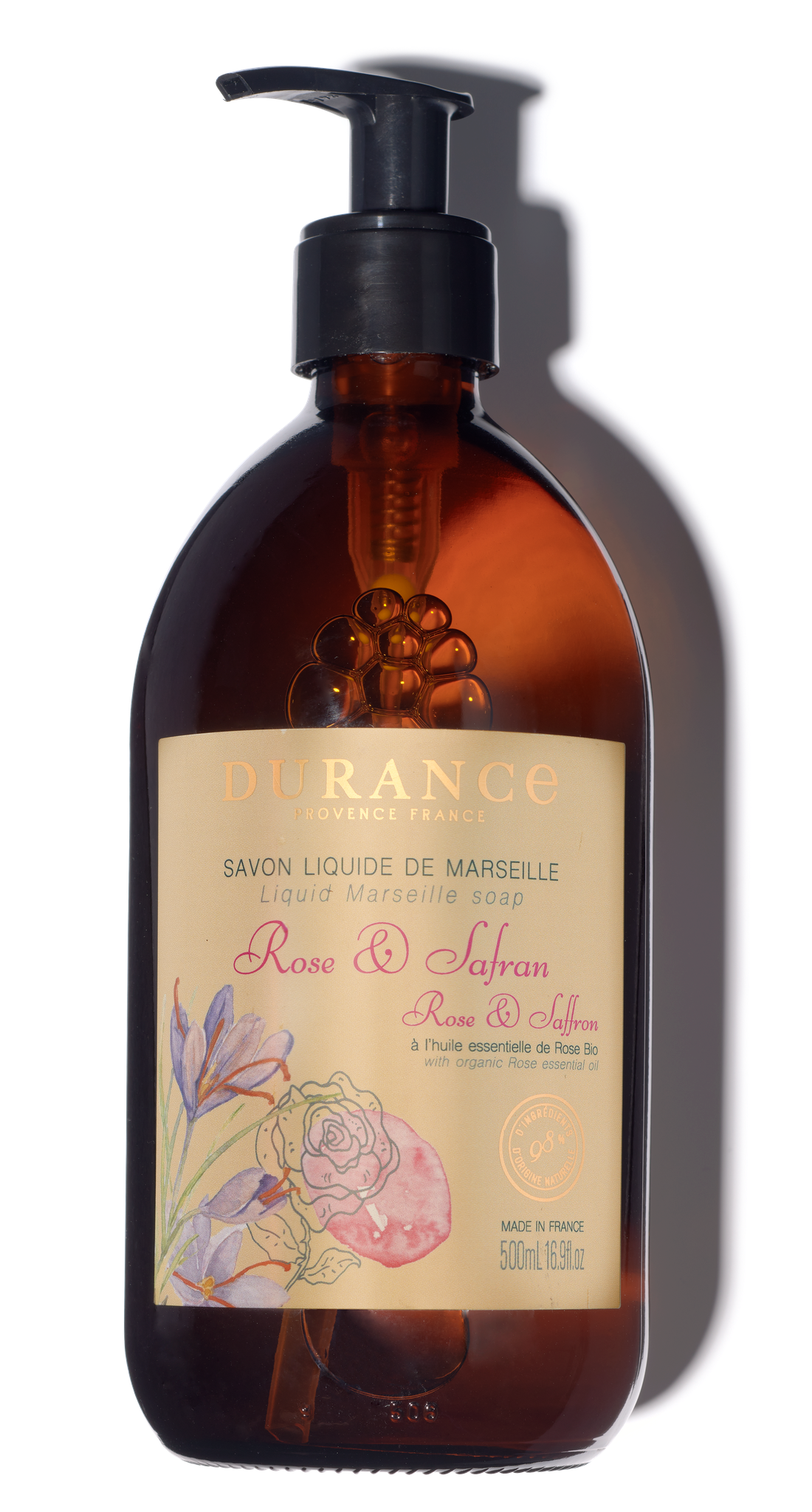 Savon de Marseille liquide Rose & Safran en flacon verre- Durance