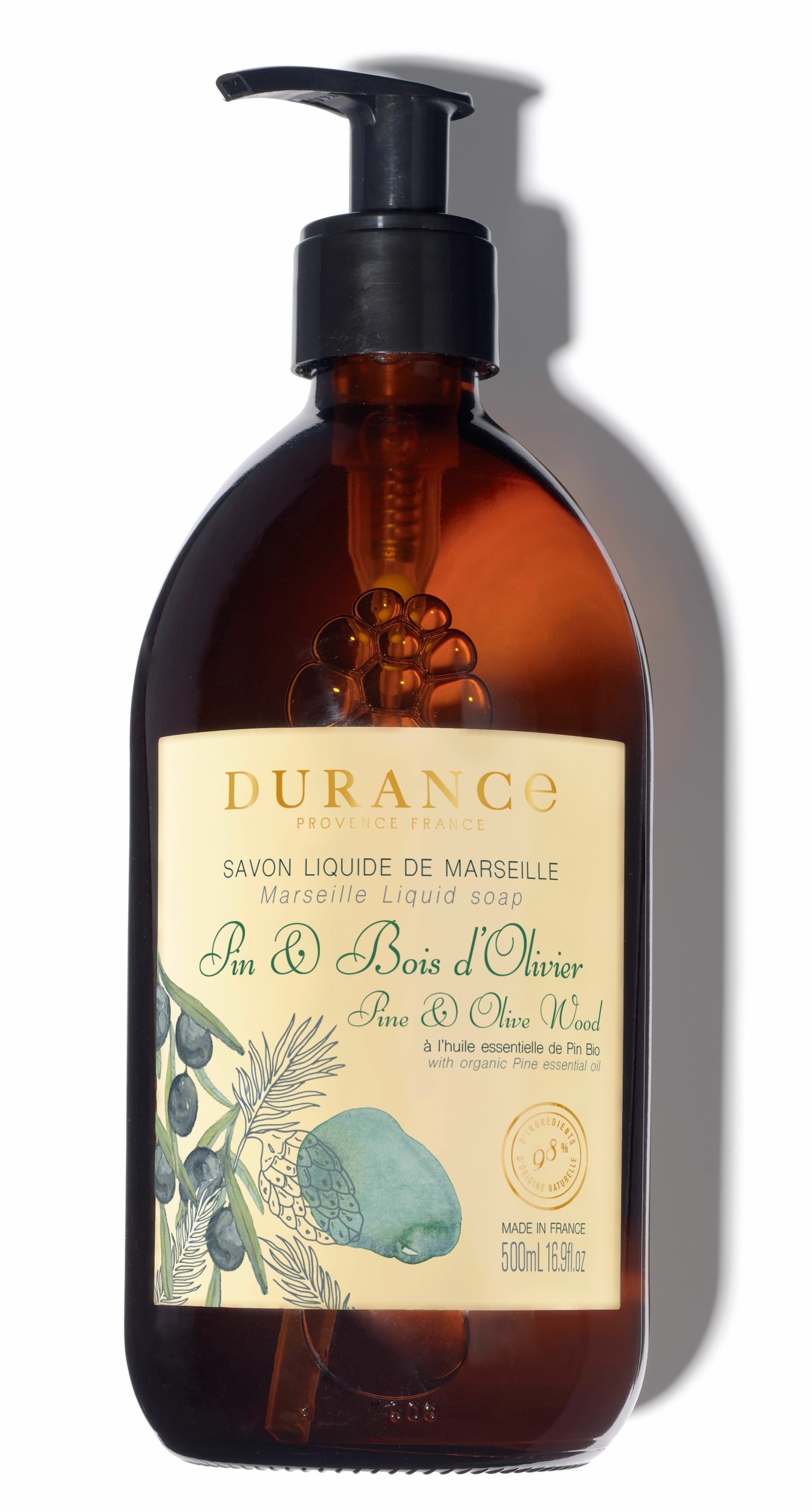 Savon liquide de Marseille Pin & Bois d\'olivier en flacon verre- Durance