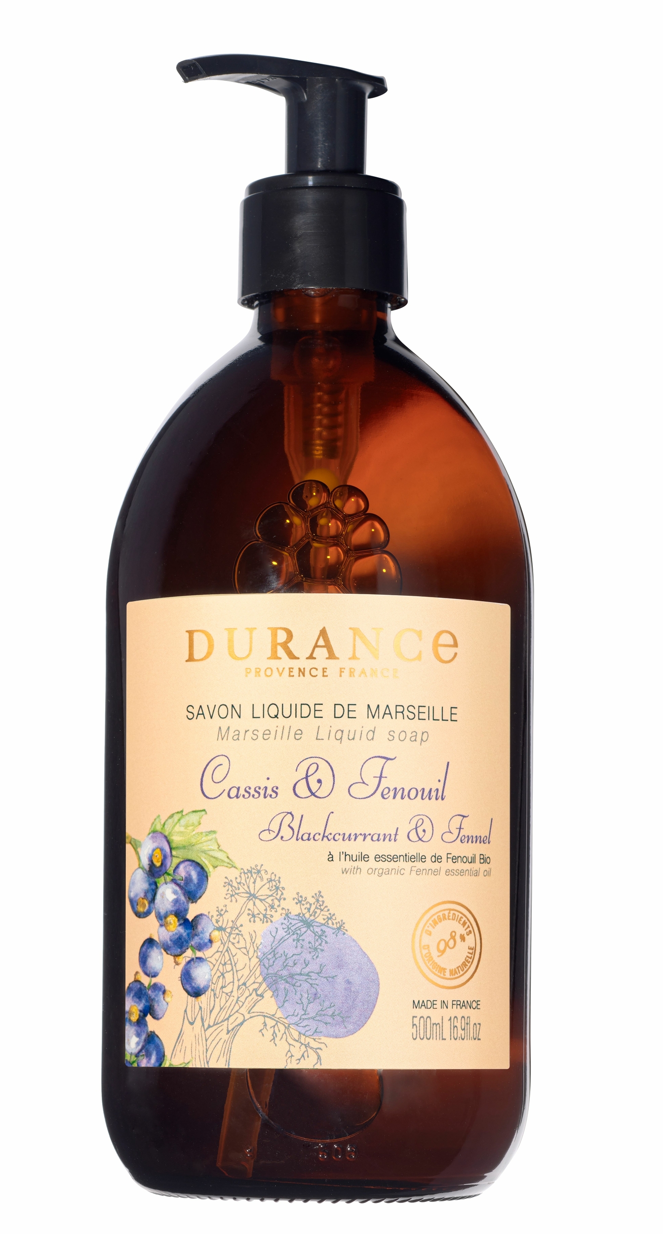 Savon de Marseille liquide Cassis & Fenouil en flacon verre - Durance