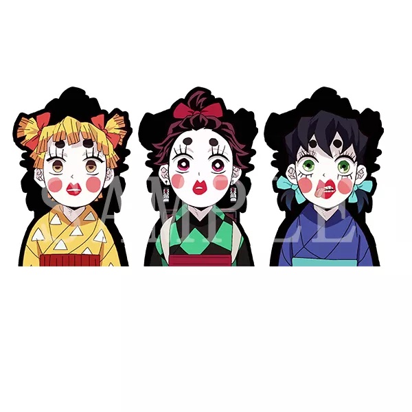 ds28-trio de tueurs de démons préféré - Tanjiro, Inosuke et Zenitsu vêtus d’un déguisement de geisha