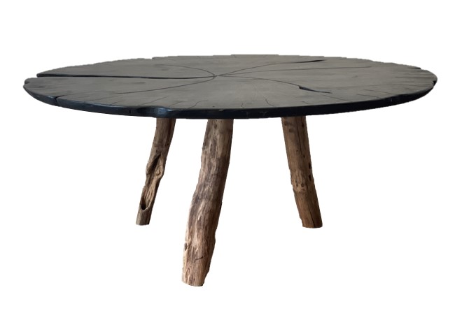 Table nénuphar pied bois acacia brut - plateau noir mat D110cm - VRauf Grand Public