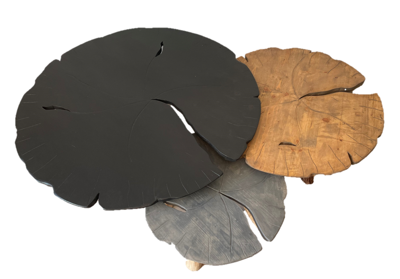 Vue dessus ensemble tables tryptique nénuphar collection nature Teinte noix, noir mat, cendré - VRauf  Grand Public
