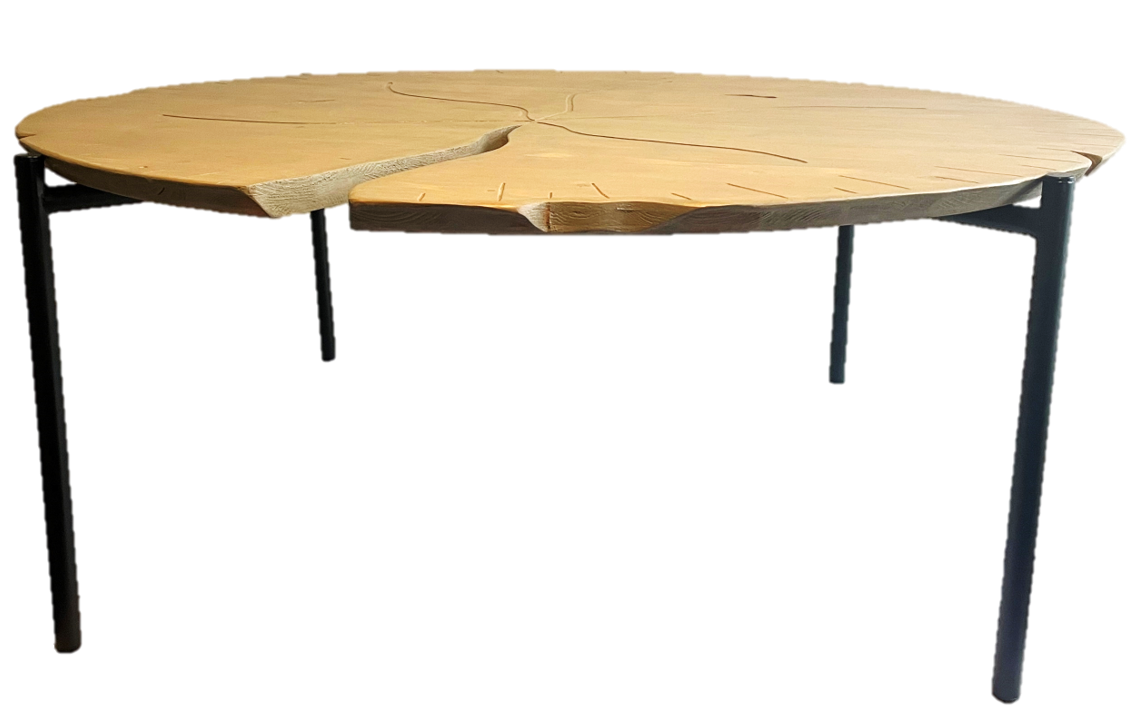 Table basse Sculpture Nénuphar sur bois - Collection Nature D110cm - pied métal noir mat indus - teinte verdure- VRauf Grand Public