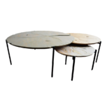 Ensemble Tables basses Sculpture Nénuphar sur bois - Collection Nature D60-80-110cm - pied métal noir mat indus - teinte verdure, noix, bois blanchit - VRauf Grand Public