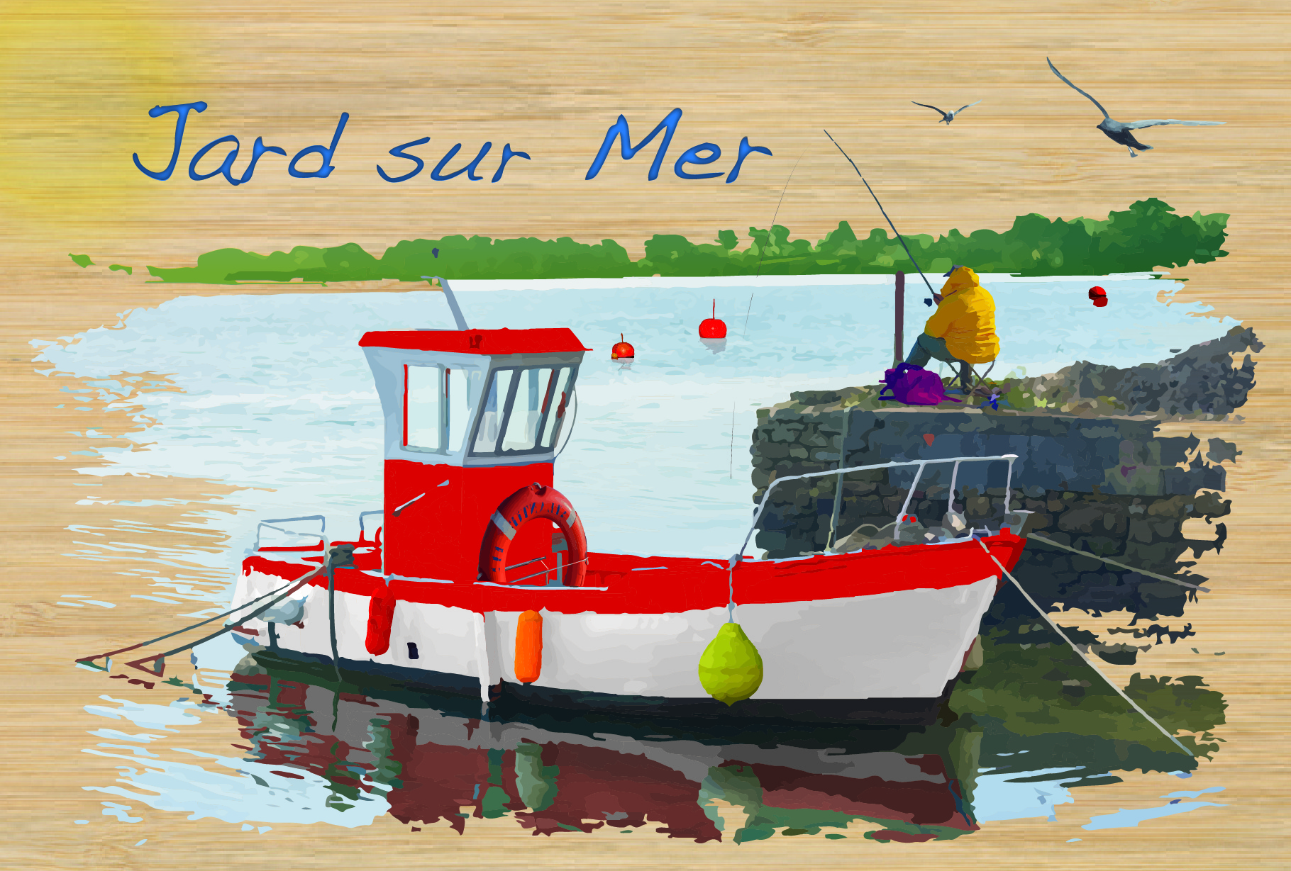carte postale en bois bateau rouge