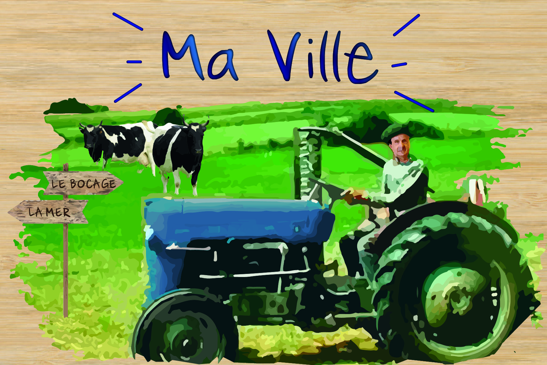 carte postale bois tracteur bleu