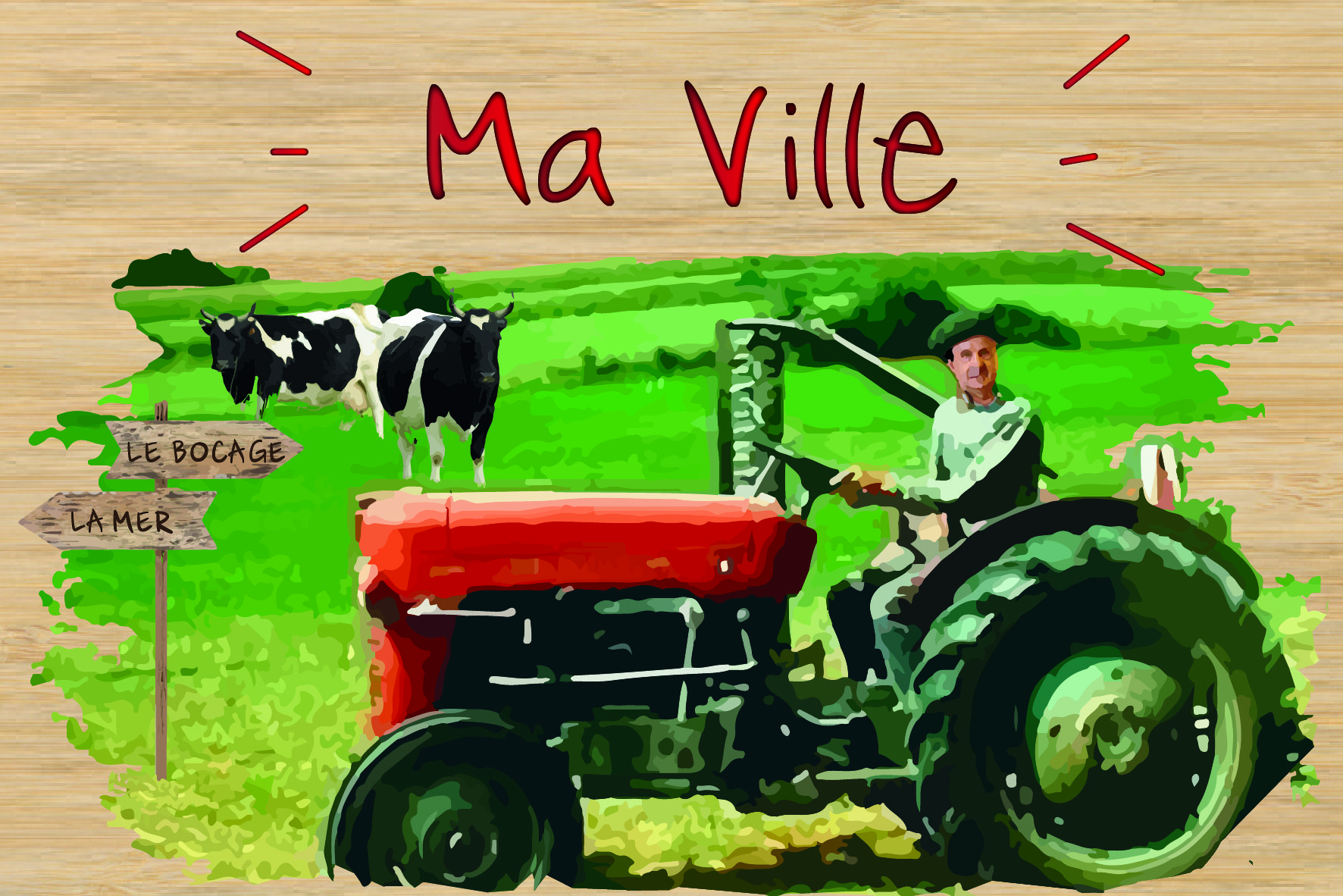 carte postale bois tracteur rouge