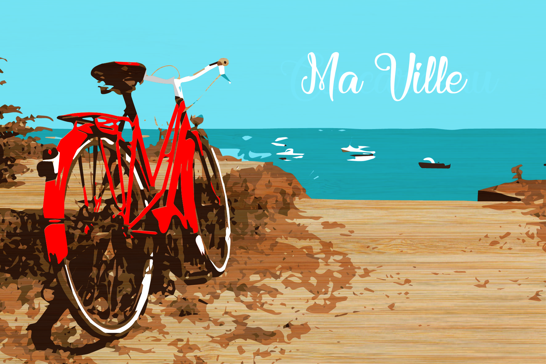 carte postale bois vélo plage