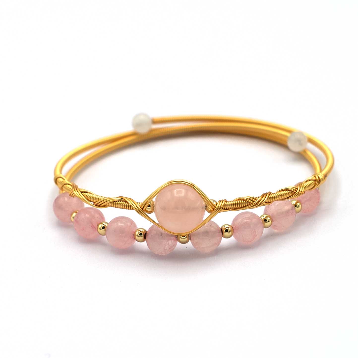 Bracelet Plaqué Or Jonc Ouvert avec Pierre Quartz Rose