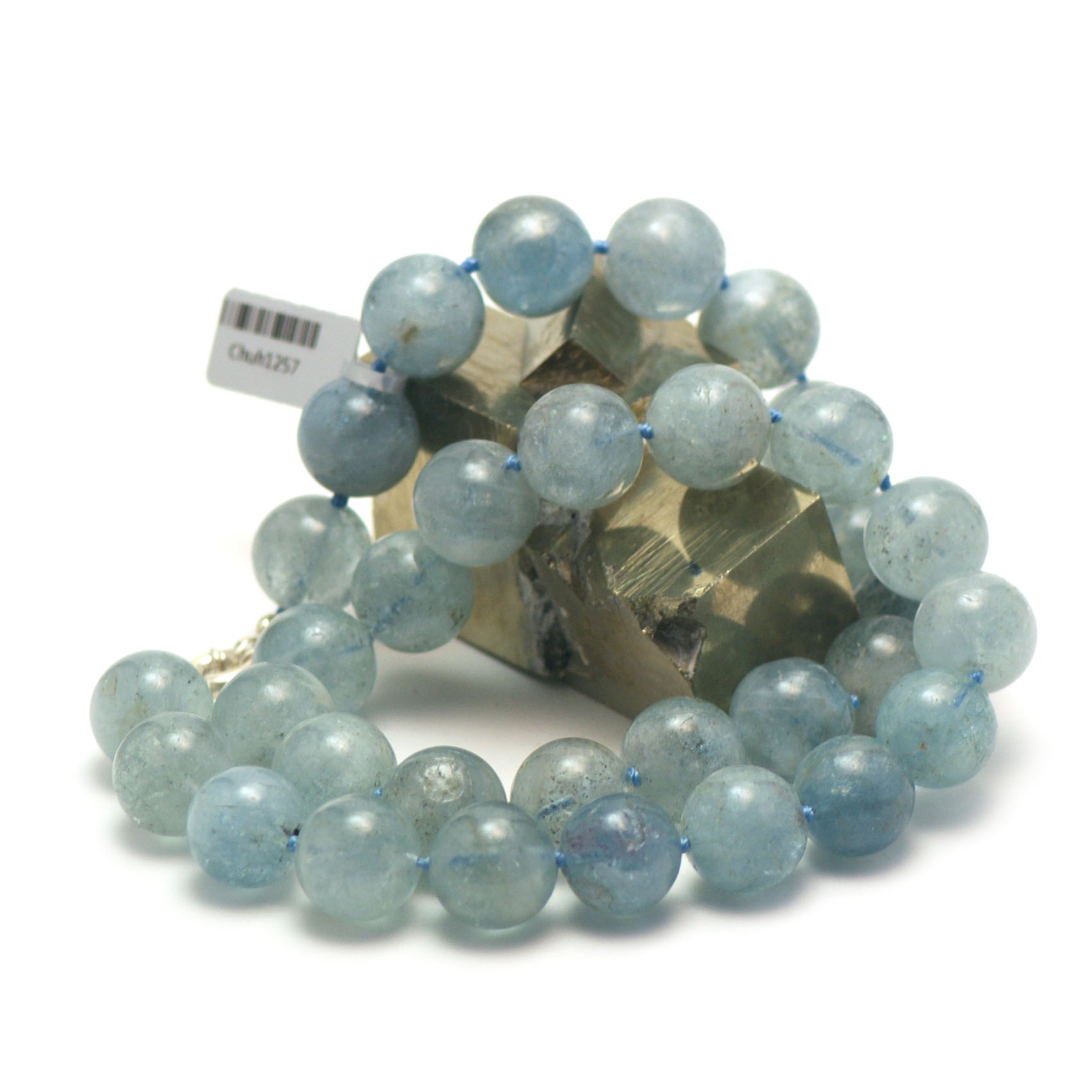 perle ronde 15 mm collier en pierre naturelle d'aigue marine