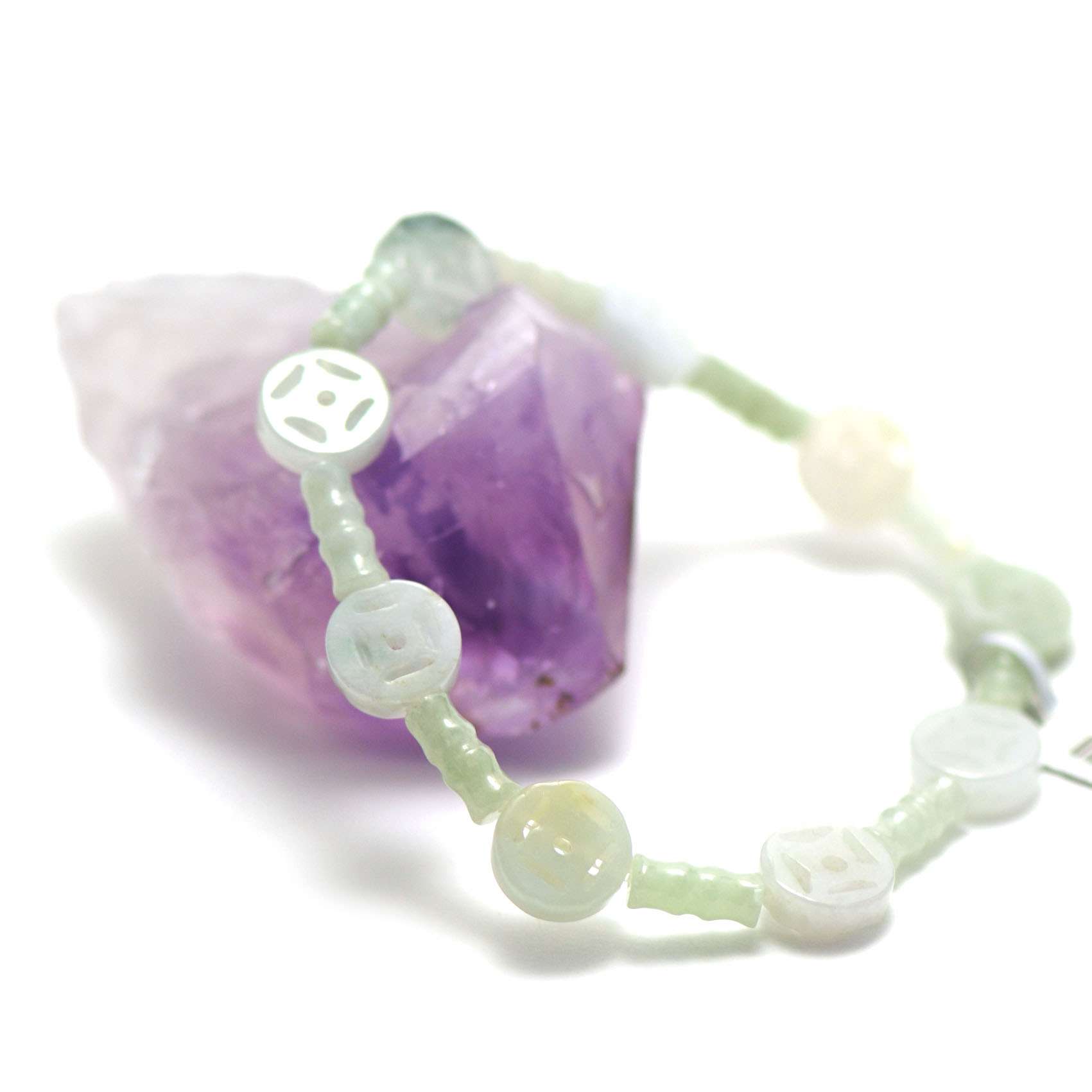 bracelet jade ,  perle tube motif - palet rond motif