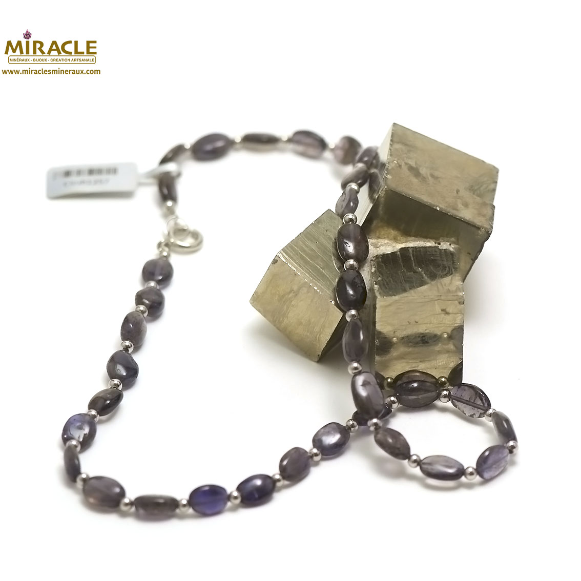 A palet oval perle argenté 1 collier en pierre naturelle de iolite