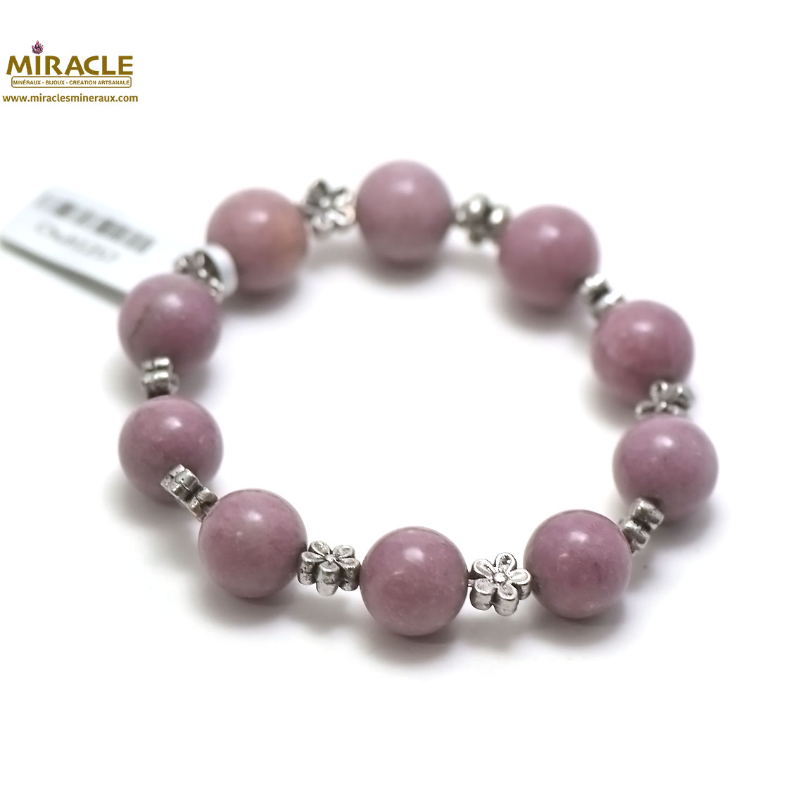 A ronde 12 mm-perle argenté fleur bracelet en pierre naturelle de lépidolite