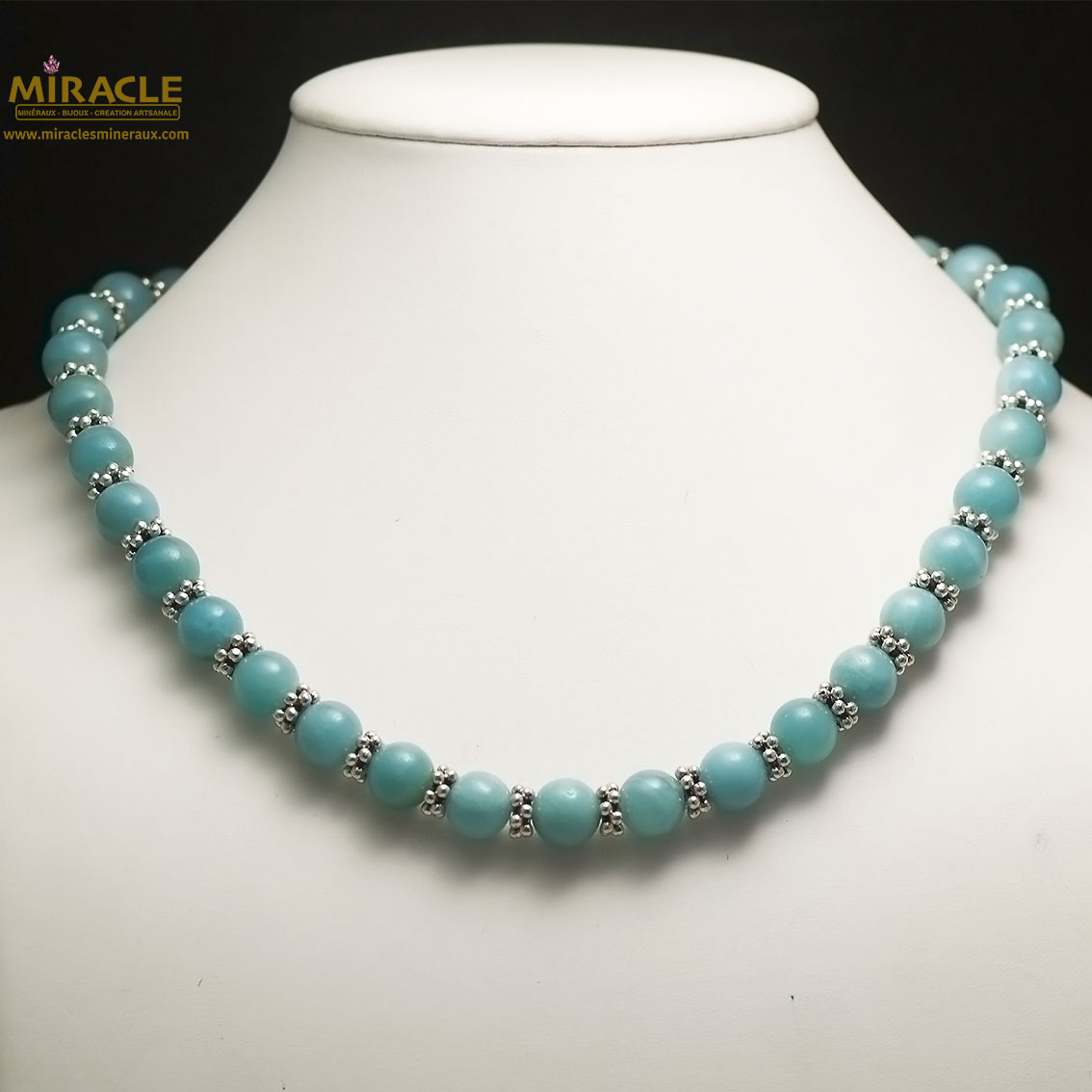 collier en pierre naturelle d\'amazonite, perle ronde 10 mm /perle argentée