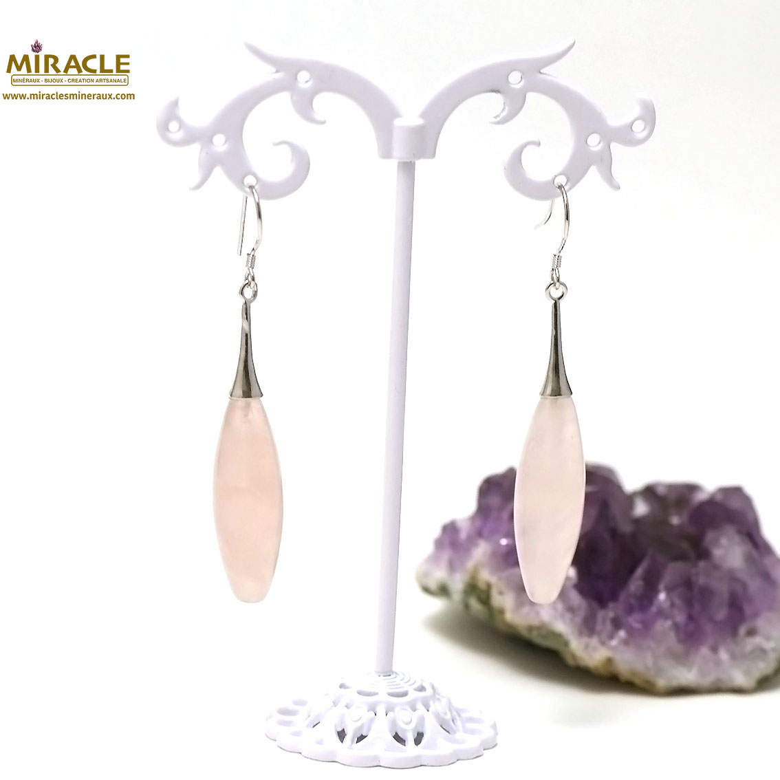 Apprêt olive long -lustre  boucle doreille en pierre naturelle de quartz rose