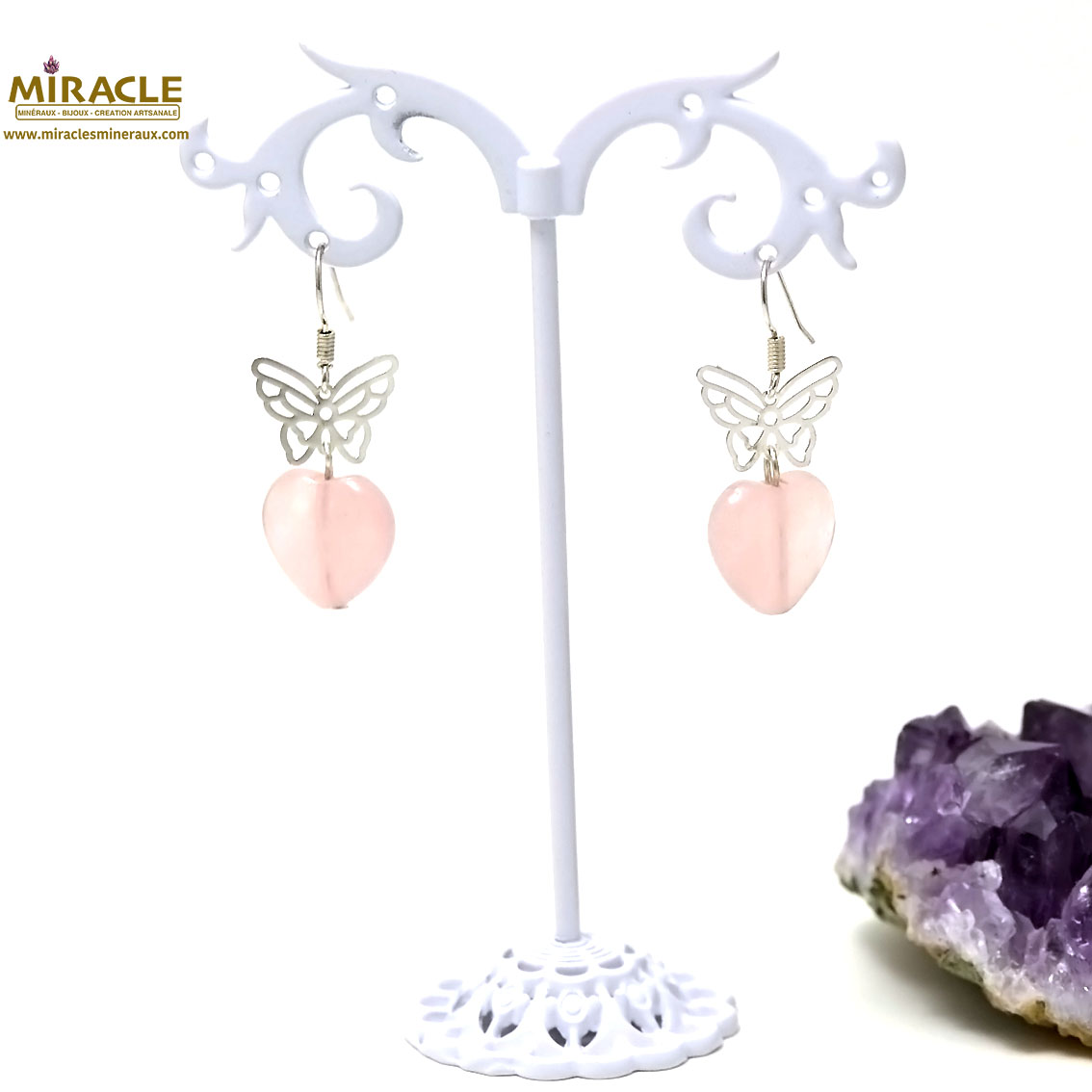 Apprêt coeur-papillon boucle doreille en pierre naturelle de quartz rose