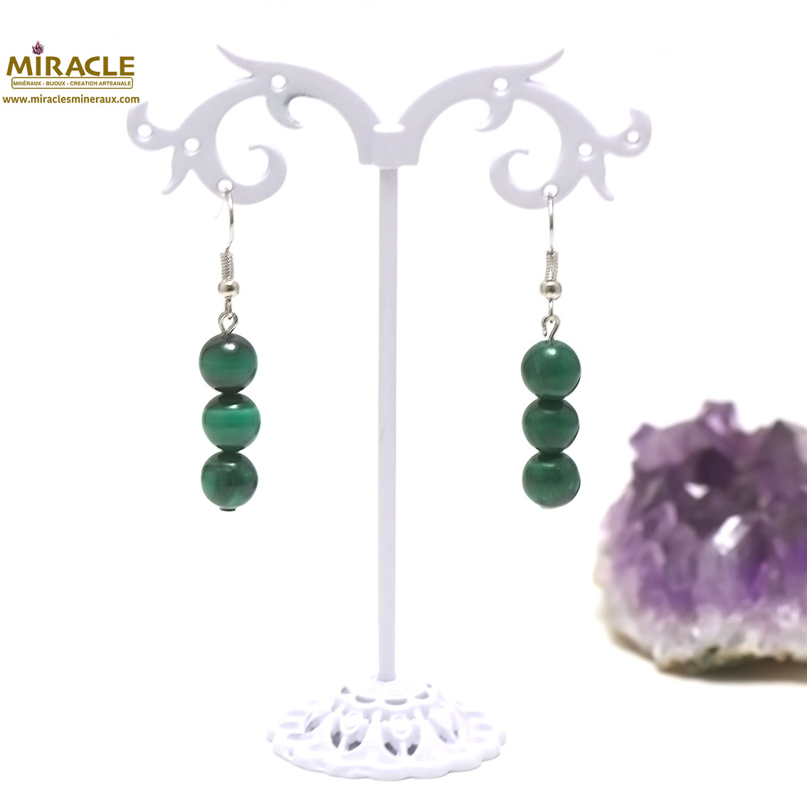 ronde triple 8 mm 1 boucle doreille en pierre naturelle de malachite
