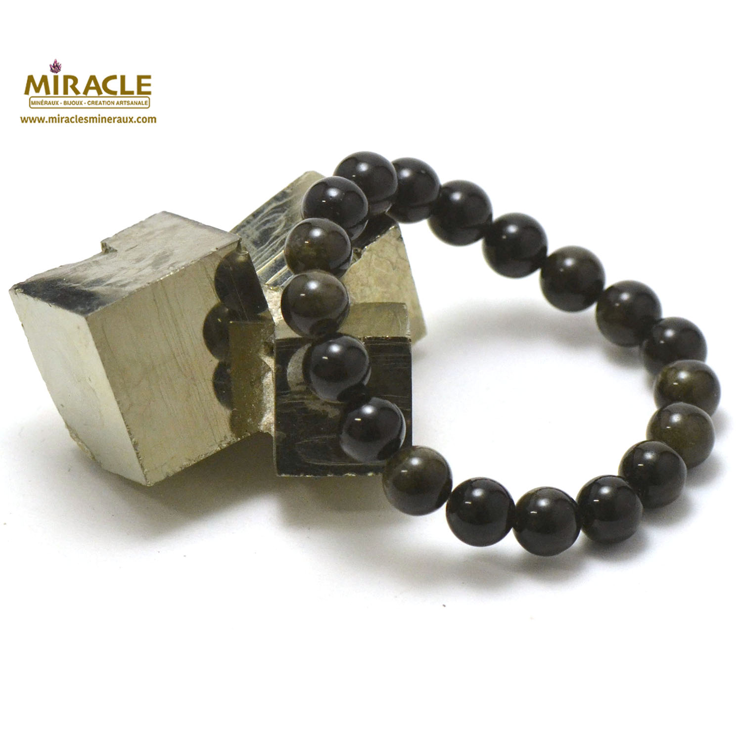 ronde 10 mm bracelet obsidienne doré