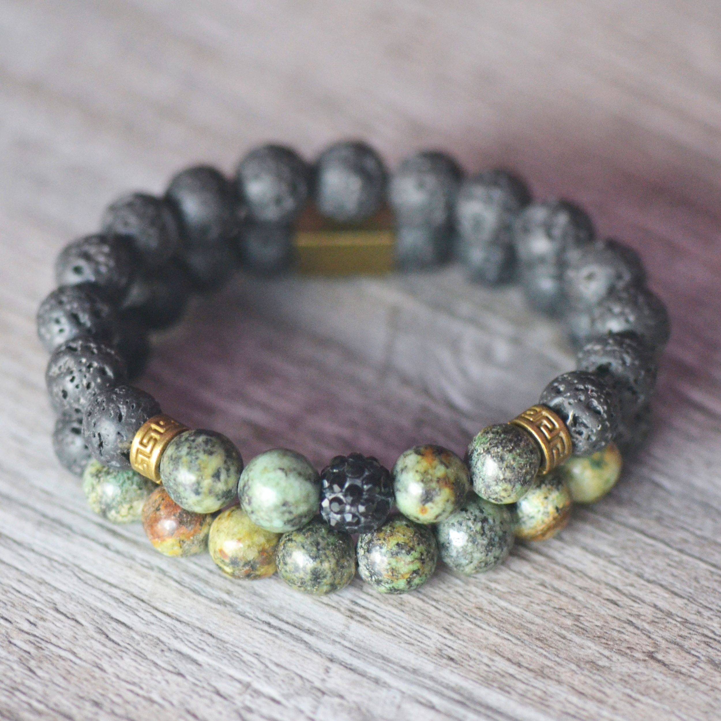Bracelet Perles Pierre Volcanique Noire 8mm - Élastique, Unisexe - Style Dragon Chinois - Cadeau Homme/femme
