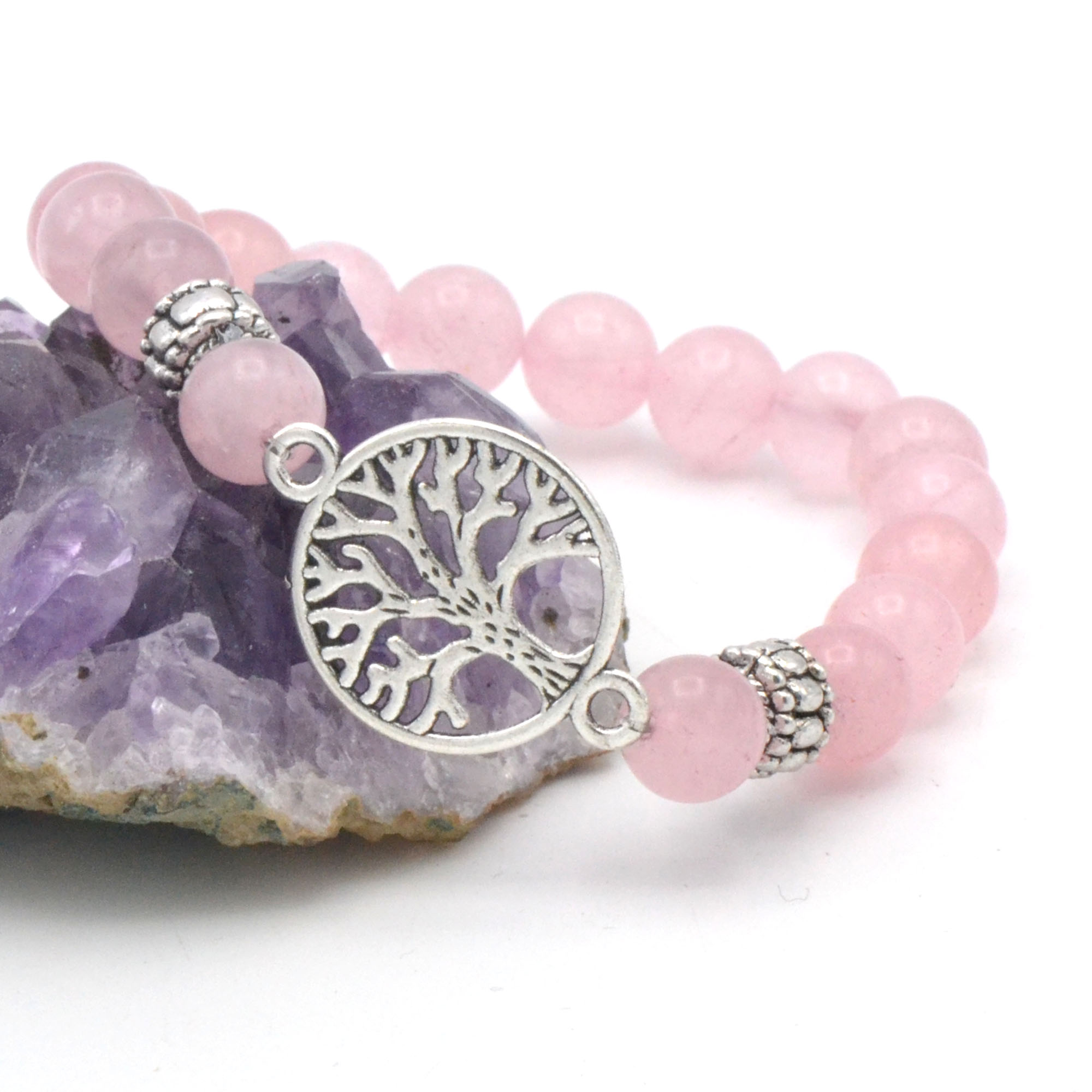 Bracelet arbre de vie connexion, en pierre naturelle de quartz rose -  Bracelet spirituel/Arbre de vie connexion - Miracles minéraux